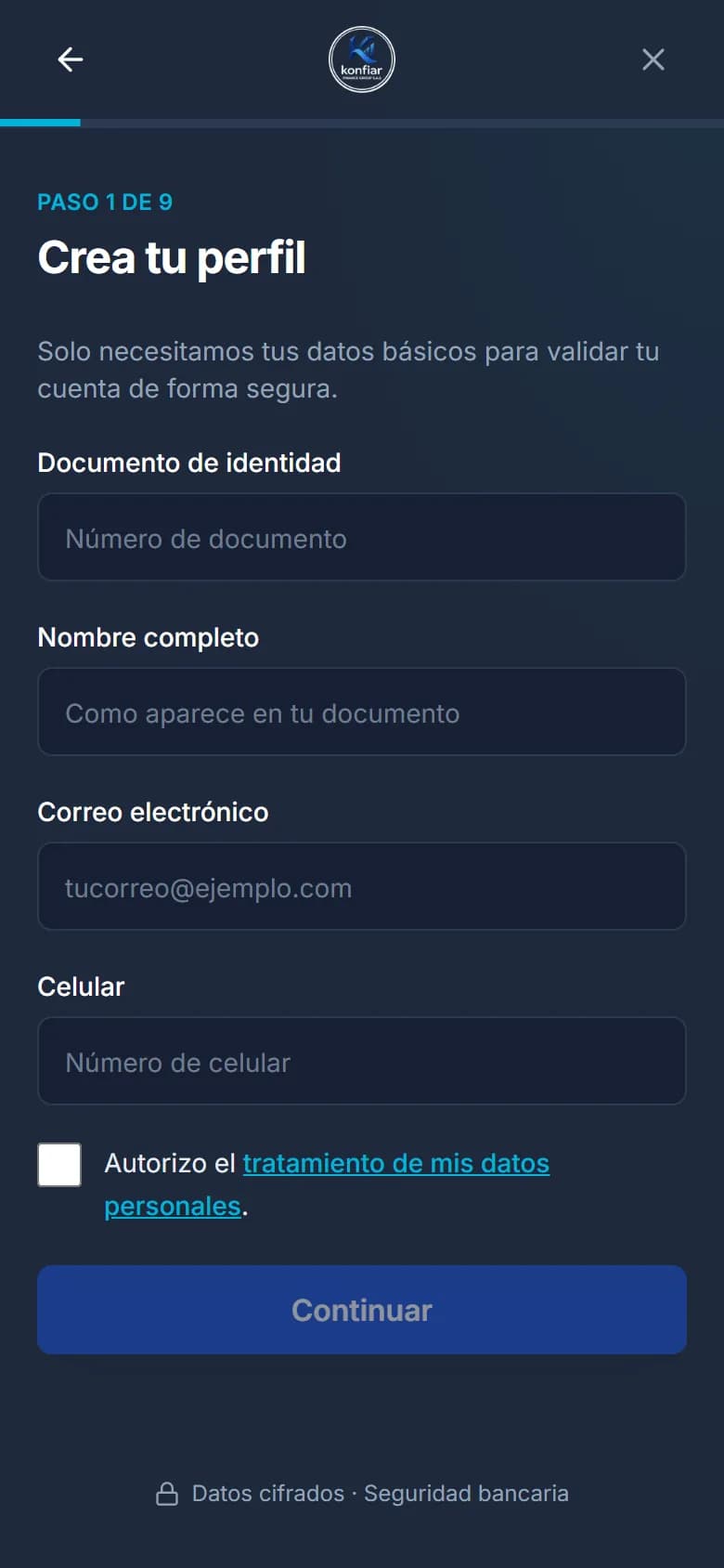 Primer paso de la solicitud: formulario para crear tu perfil con documento, nombre, correo y celular.