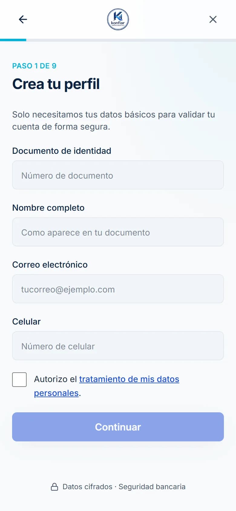 Primer paso de la solicitud: formulario para crear tu perfil con documento, nombre, correo y celular.