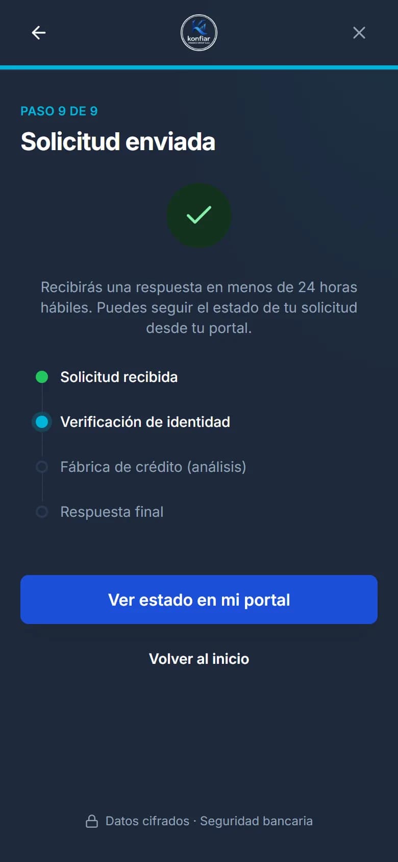 Último paso de la solicitud: confirmación de que la solicitud fue enviada y habrá respuesta en 24 horas.