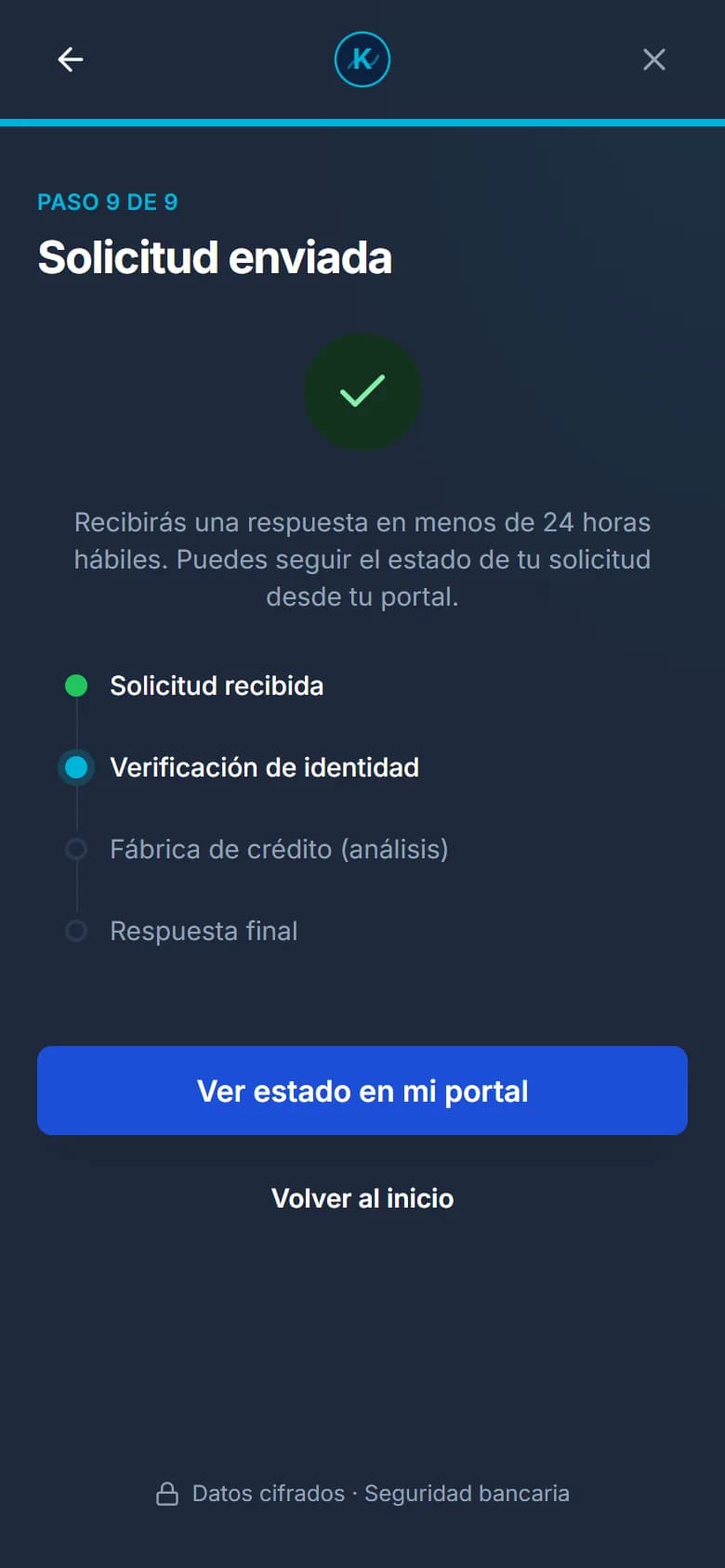 Último paso de la solicitud: confirmación de que la solicitud fue enviada y habrá respuesta en 24 horas.