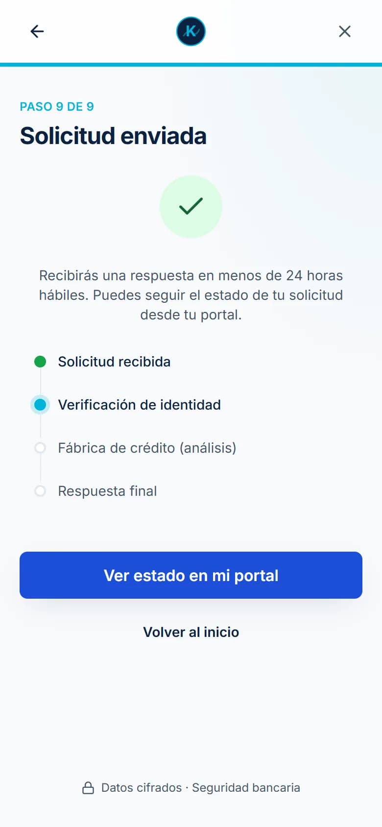 Último paso de la solicitud: confirmación de que la solicitud fue enviada y habrá respuesta en 24 horas.