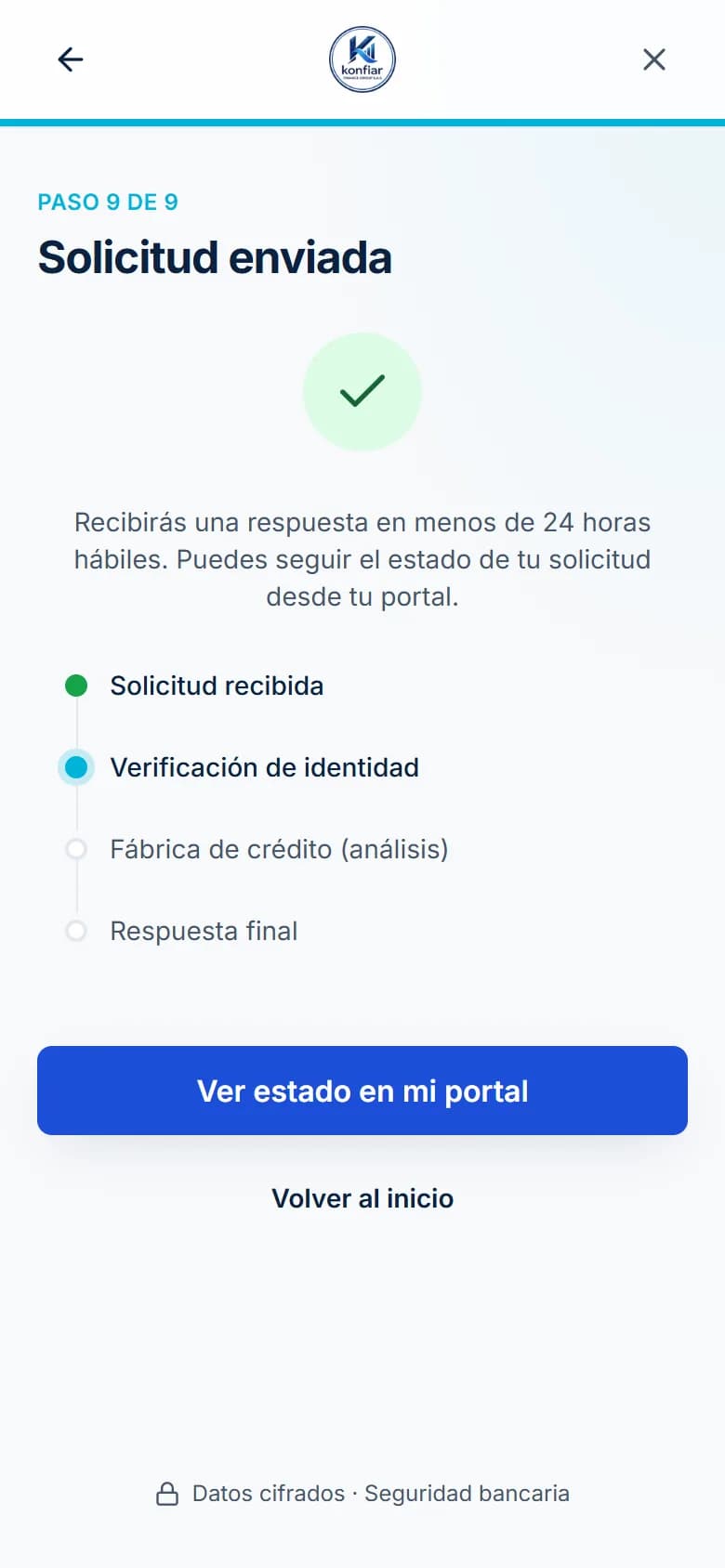 Último paso de la solicitud: confirmación de que la solicitud fue enviada y habrá respuesta en 24 horas.