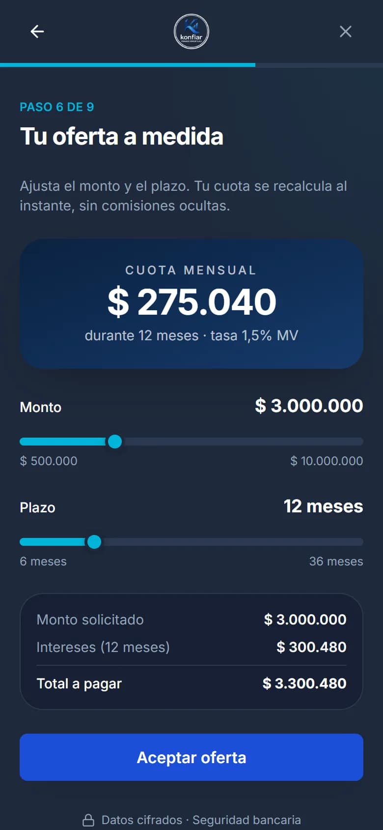 Sexto paso de la solicitud: deslizadores de monto y plazo con la cuota mensual calculada al instante.