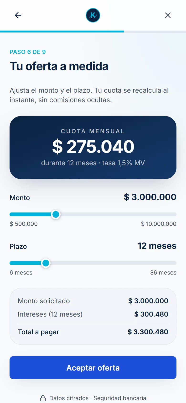Sexto paso de la solicitud: deslizadores de monto y plazo con la cuota mensual calculada al instante.