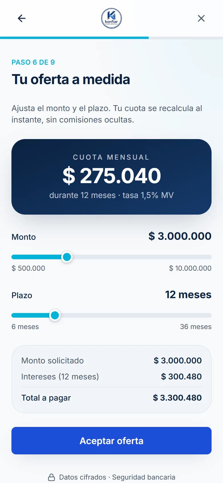 Sexto paso de la solicitud: deslizadores de monto y plazo con la cuota mensual calculada al instante.